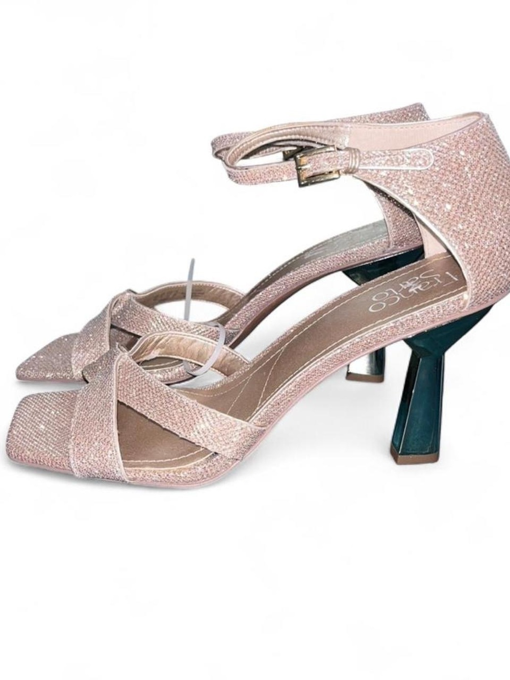FRANCO SARTO Sparkle Pink Ankle-Strap Mid Heel Sandals